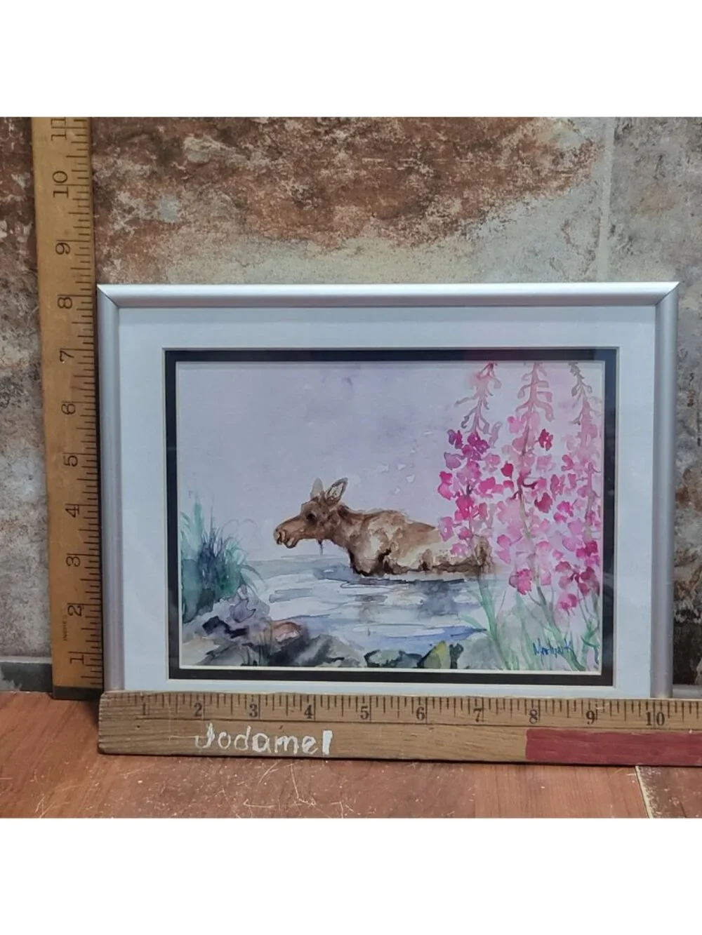Watercolor Painting Art Print Moose in Water Pink Flower Signed MarLynk